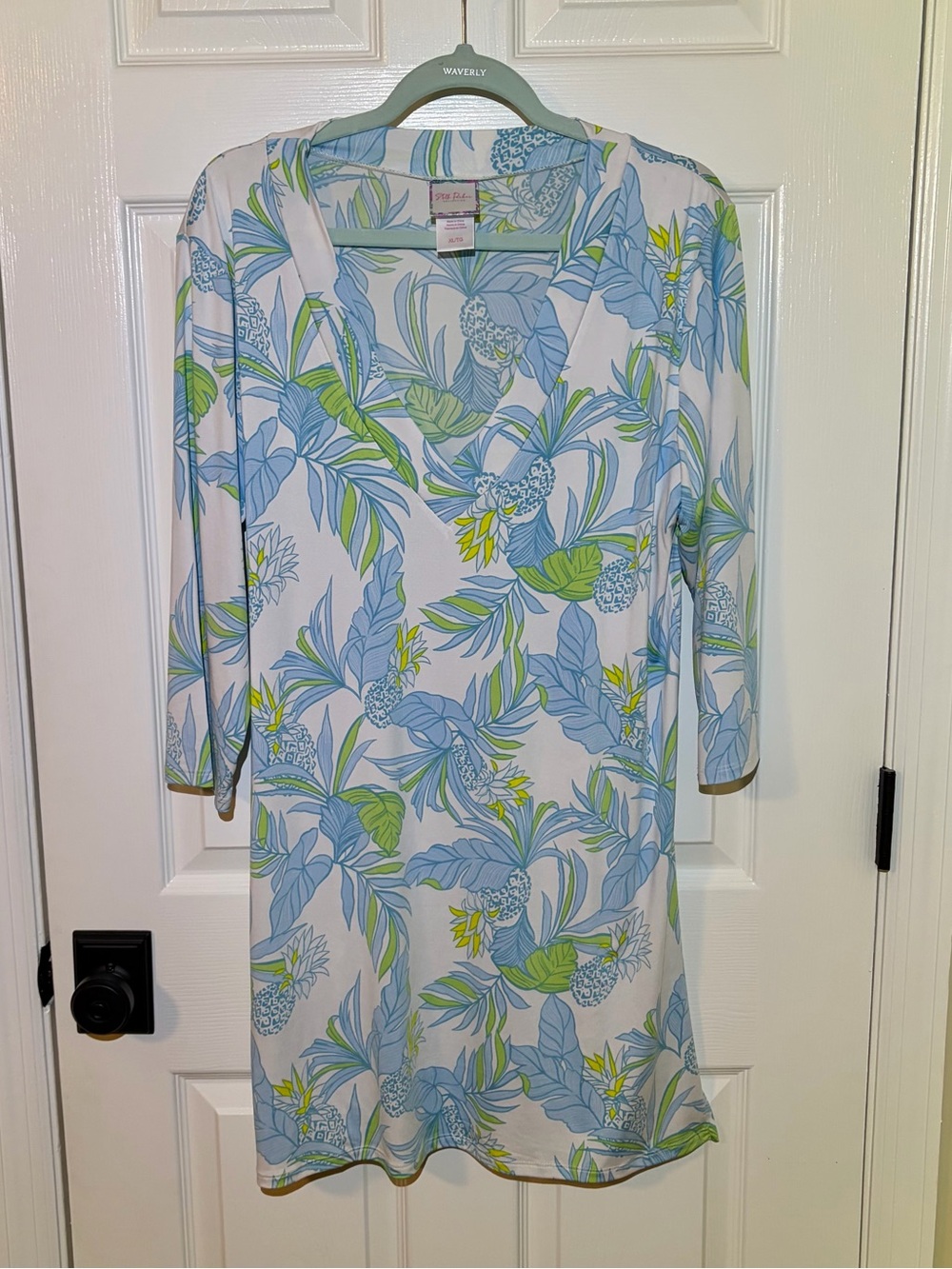 NWOT Stella Parker White & Blue Tropical Palm Print Tunic Top. Size XL